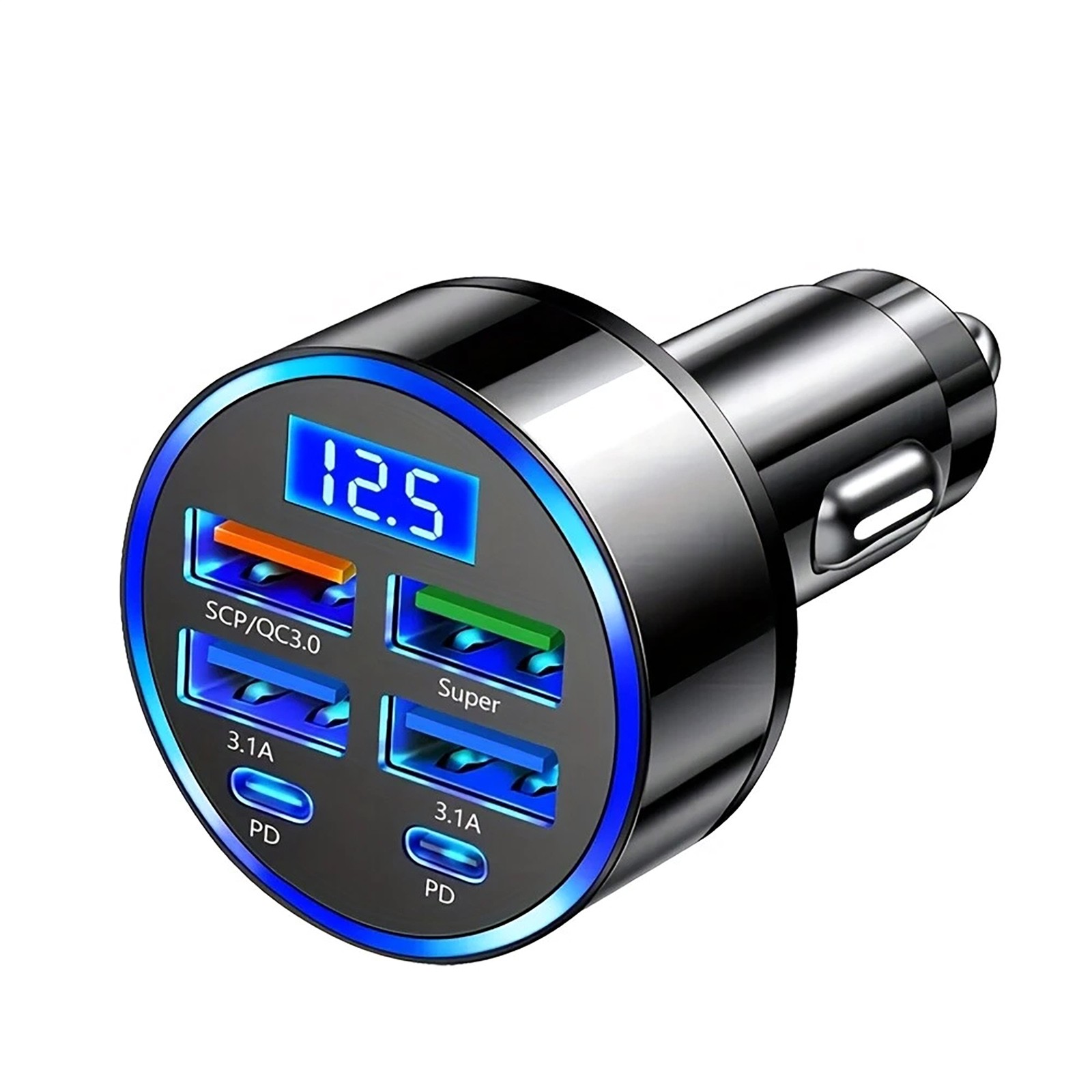 6-in-1 Multi-Port Car Charger with Display Fast Charging 2PD 4USB Ports
