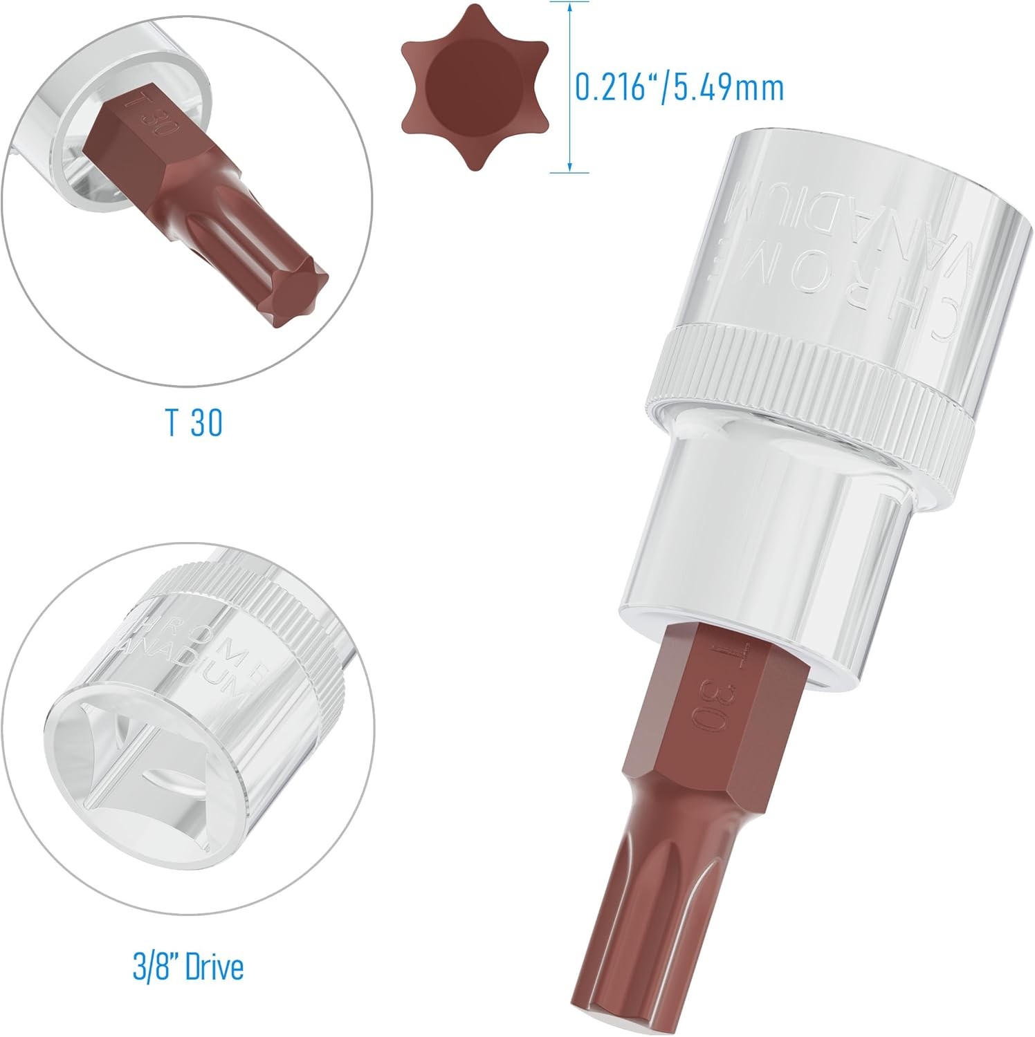 3PCS 3/8" Drive T30 Torx Bit Socket, S2 Steel Bits, T30, Silver, Dark Red