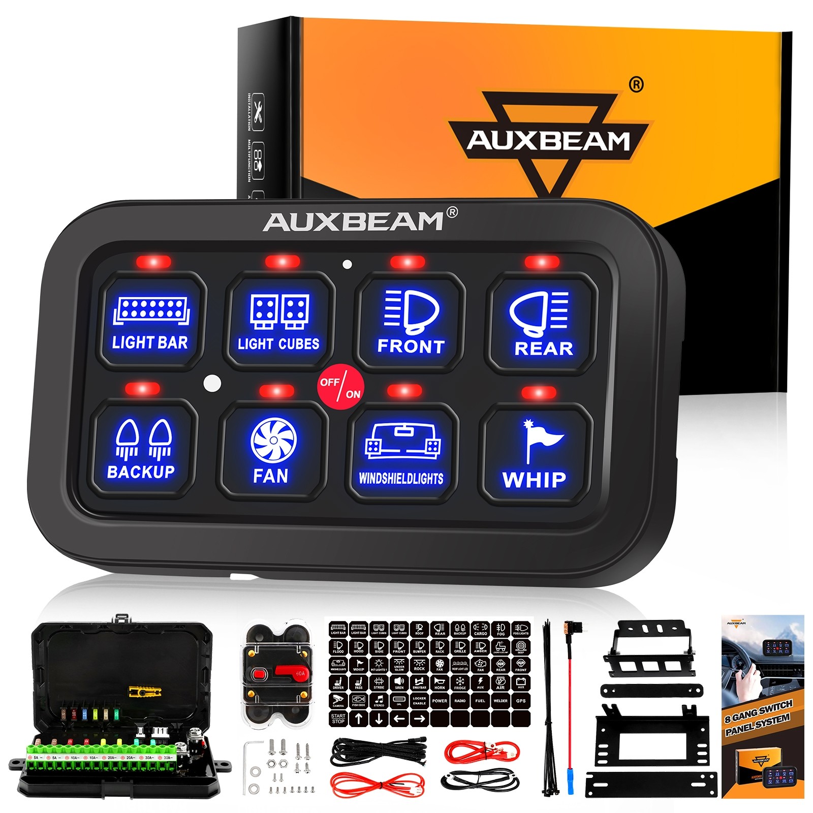 AUXBEAM 8 Gang Switch Panel On-Off Control Relay System Blue Backlit for Jeep