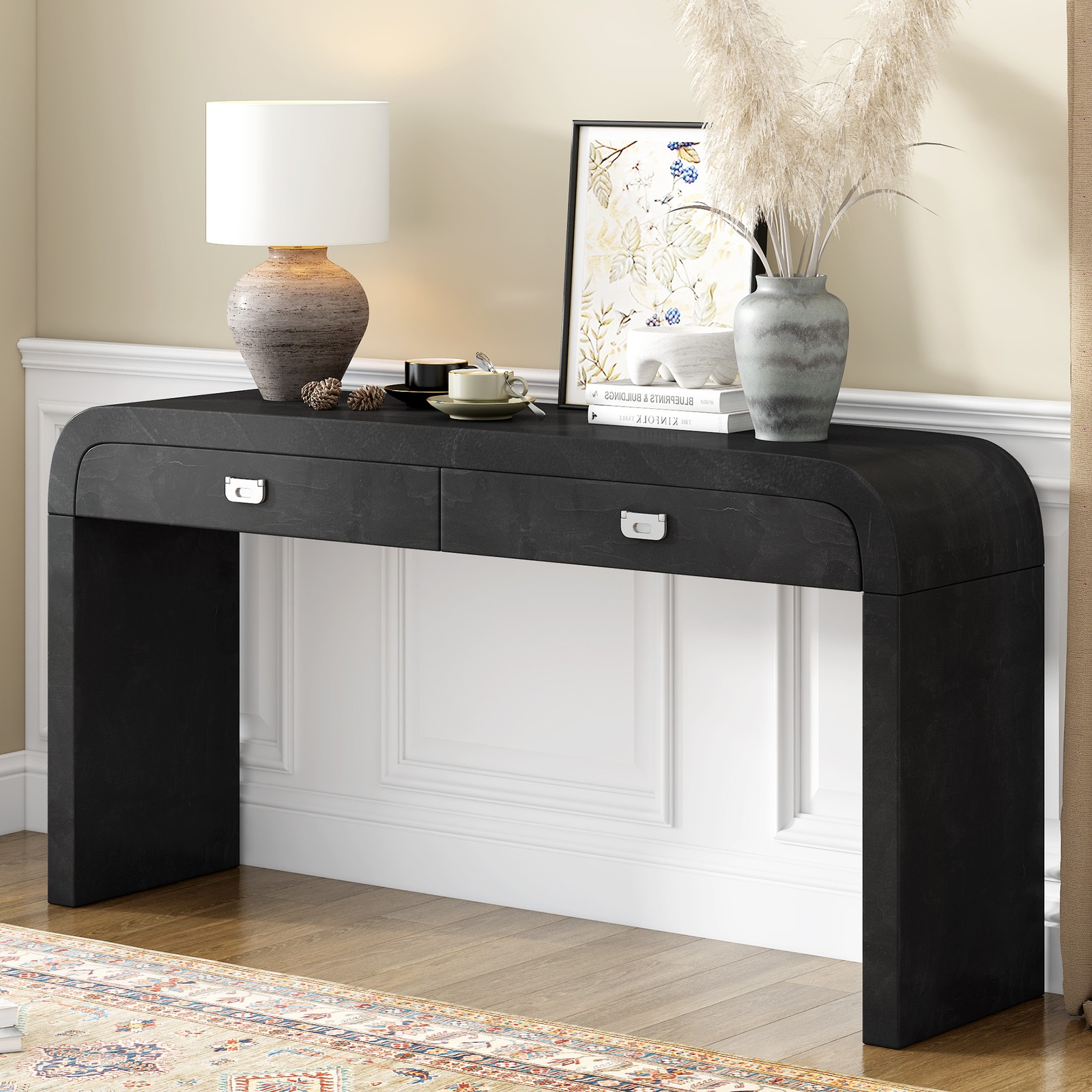 U_STYLE 60''Wooden Entryway Table with Burl Veneer, Console Table with 2 Large D