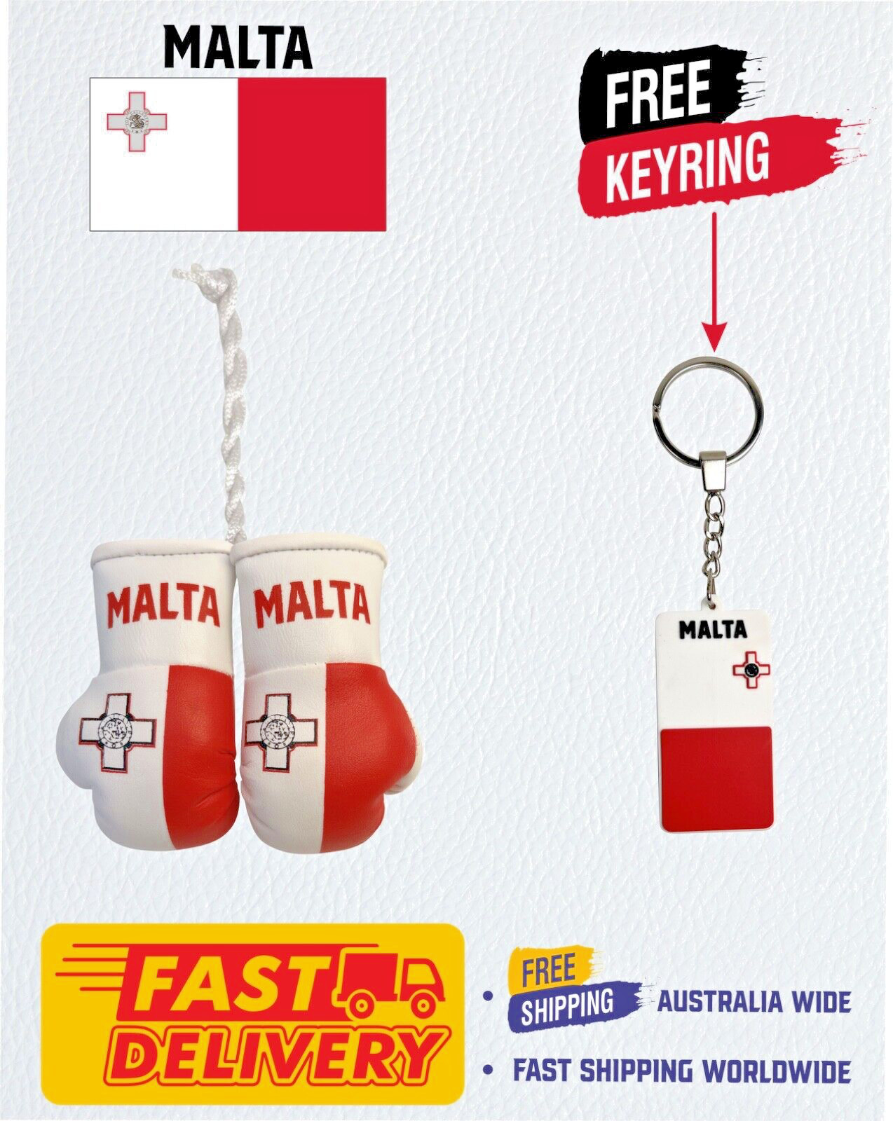 MALTESE FLAG , MALTA  , MINI BOXING GLOVES , BUY 1 PAIR & GET 1 FREE KEYRING