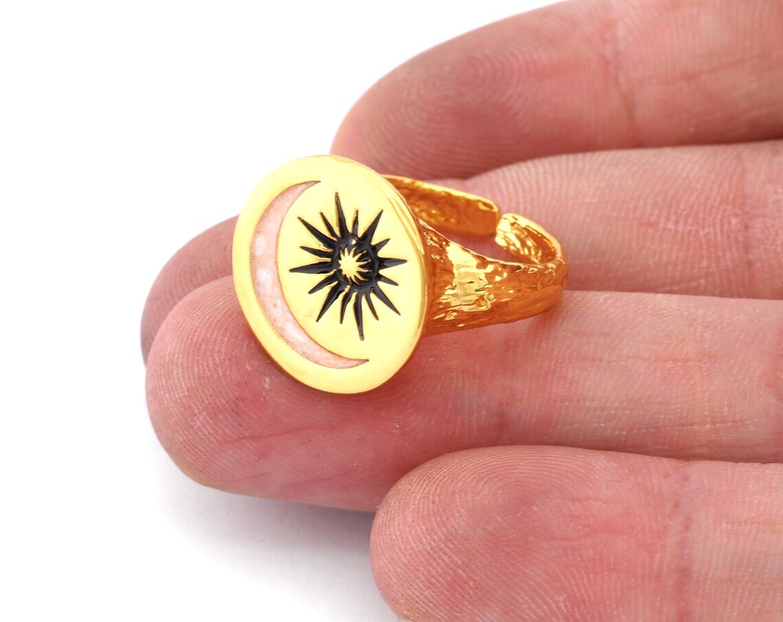 Crescent Stars Adjustable Ring Enamel Filled - Shiny Gold Plated 6-9 size 4907