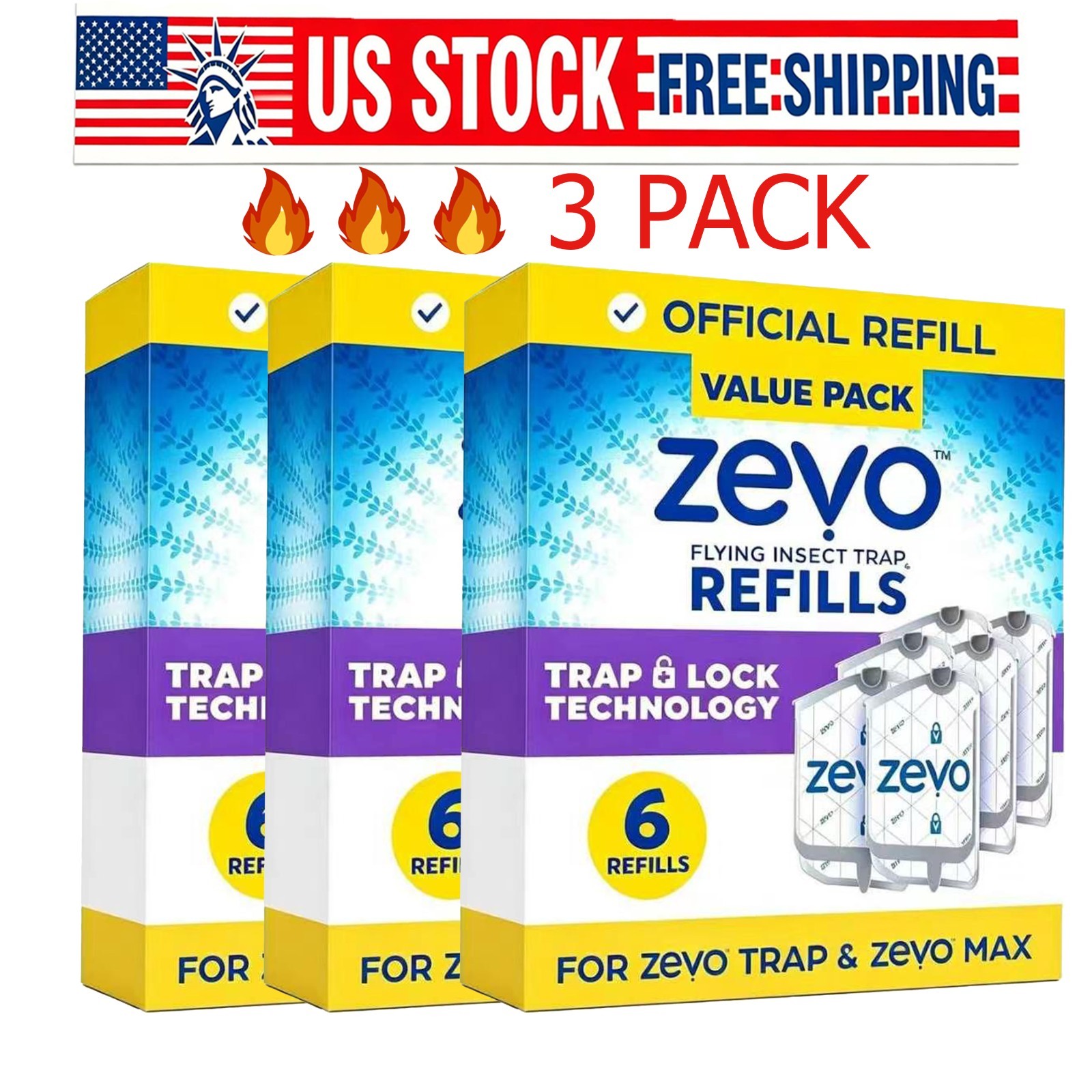 3 Pcs Zevo Flying Insect Trap Refill Cartridges Easy to Use 18 Refill Cartridges