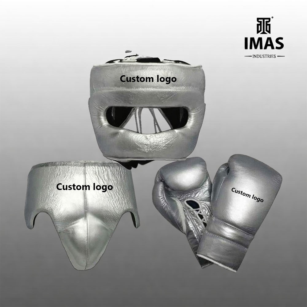 Silver Boxing Set Head Guard Groin Protector Gloves Custom Logo Training Gear