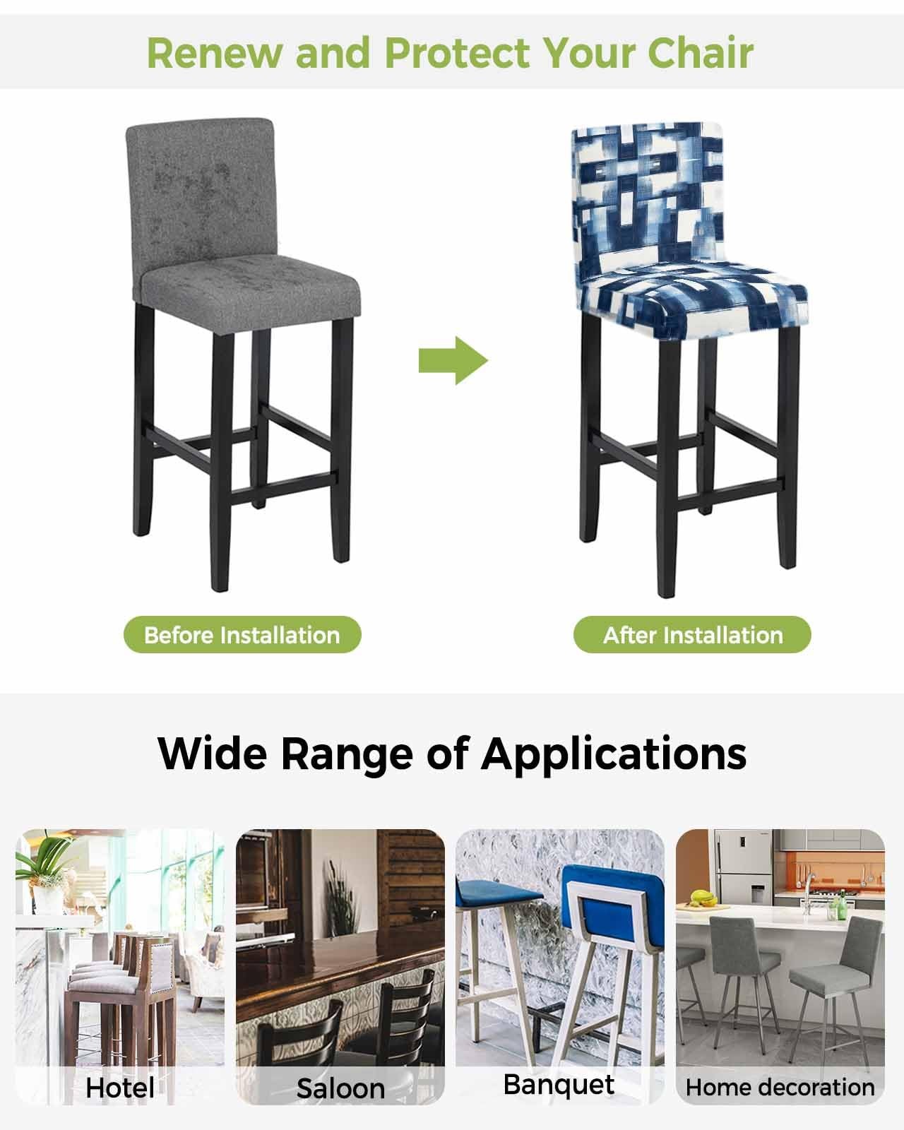 Abstract Geometric Patterns Bar Stool Covers with Backs Blue & White Stretch ...