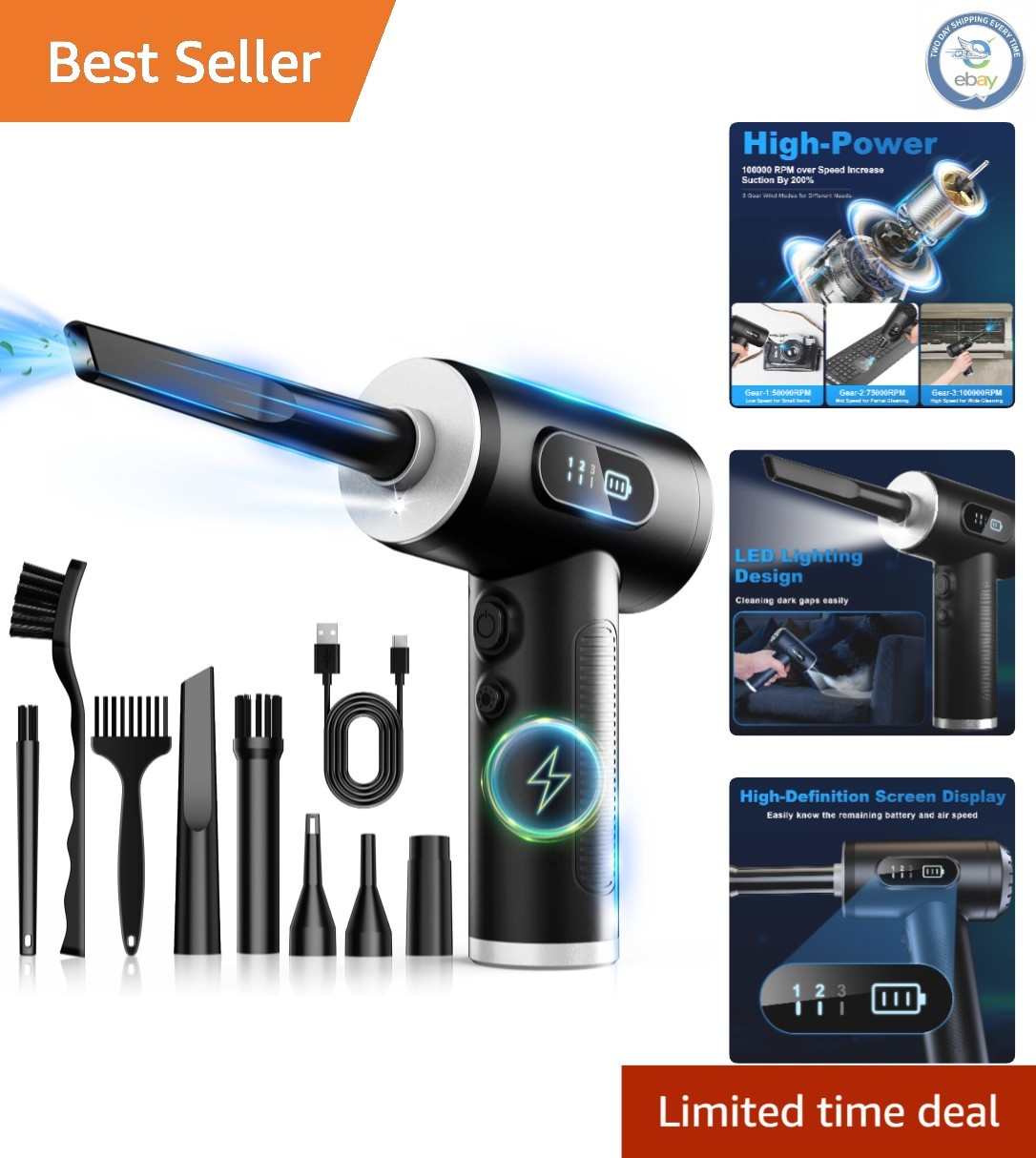 Cordless 3-Gear Adjustable Air Duster - 100,000 RPM for Electronics Cleaning