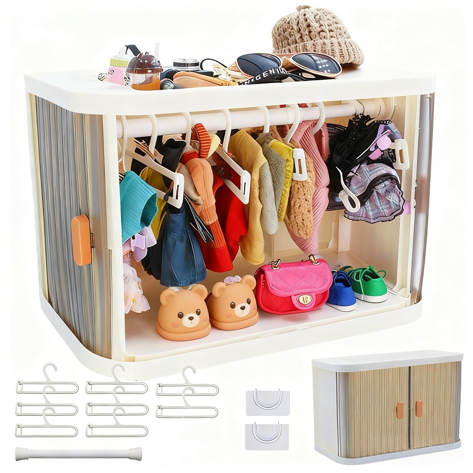 Foldable Doll Wardrobe Storage Box with 8 Hangers & Rod 10.63 inches, Brown