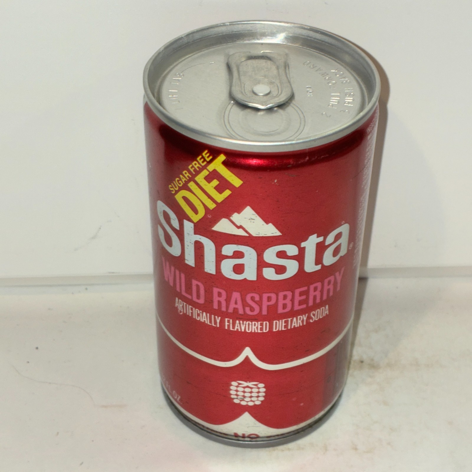 Shasta Diet Wild Raspberry Soda can, crimped steel, bottom opened