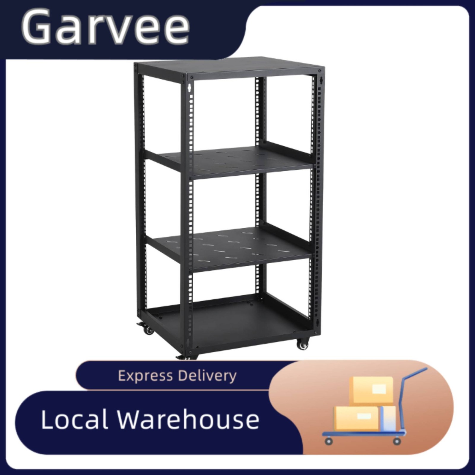 Two 1U Shelves And Moving Casters Attached On Heavy Duty 12/15U Open Frame Serve