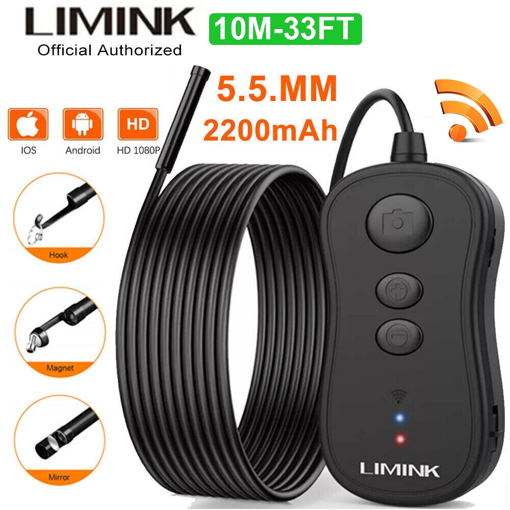 5.5mm Wireless Endoscope 2200mAh Borescope Semi-rigid Cable Inspection 33ft Cam