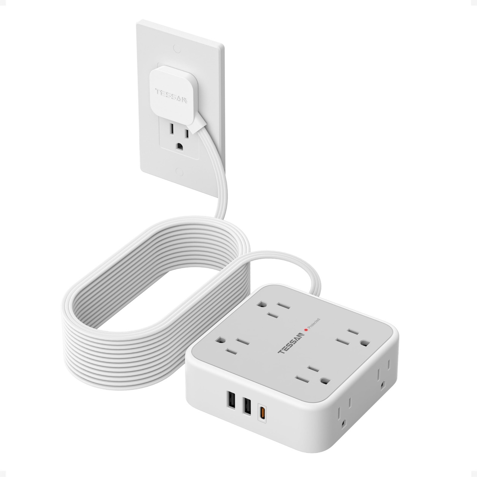 Surge Protector Power Strip 900J, 25ft Extension Cord, 8 AC & 3 USB Ports, Flat