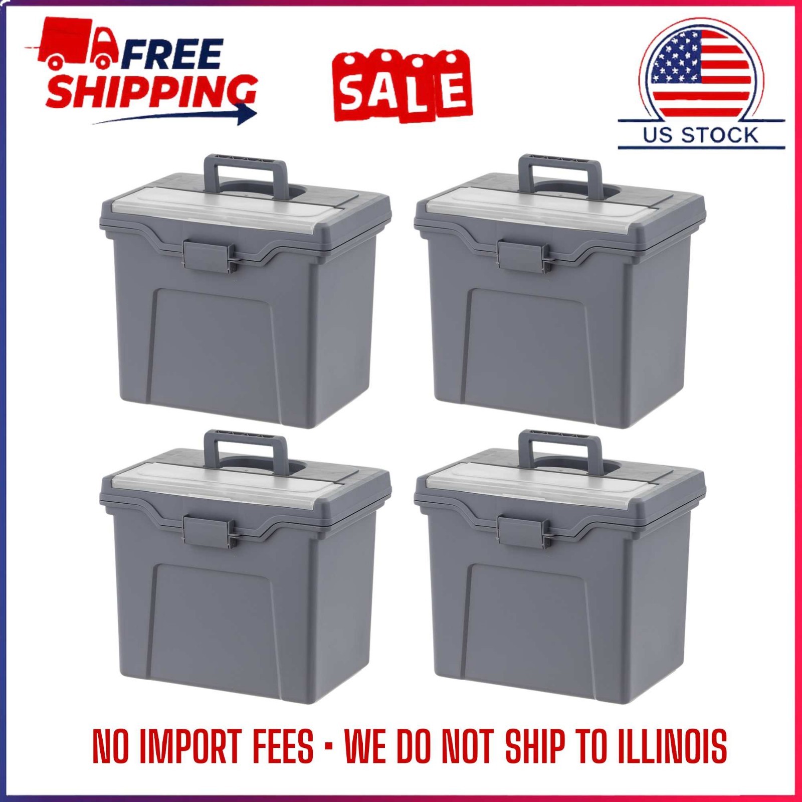 HOT IRIS 4 Packs Portable Plastic File Box with Organizer Lid, Letter Size, Gray