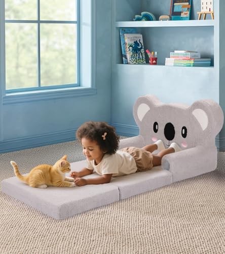 Kids Couch, 2-in-1 Soft Toddler Couch Fold Out with Blanket, Chair Comfy, Koala