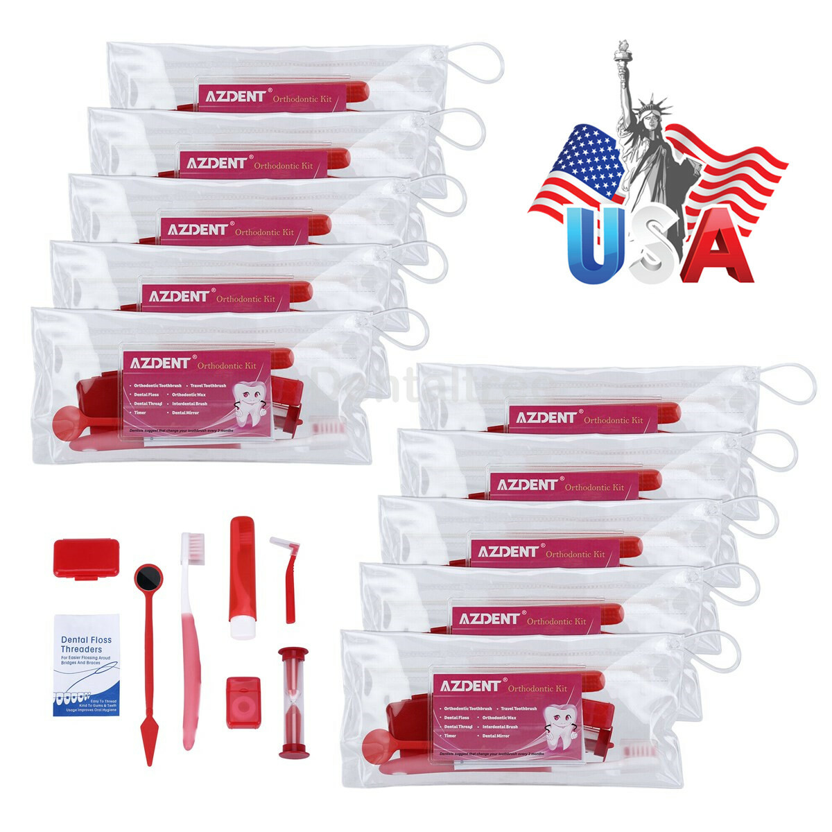 AZDENT Dental Orthodontic Toothbrush Interdental Brush Floss Wax Travel Kit USA