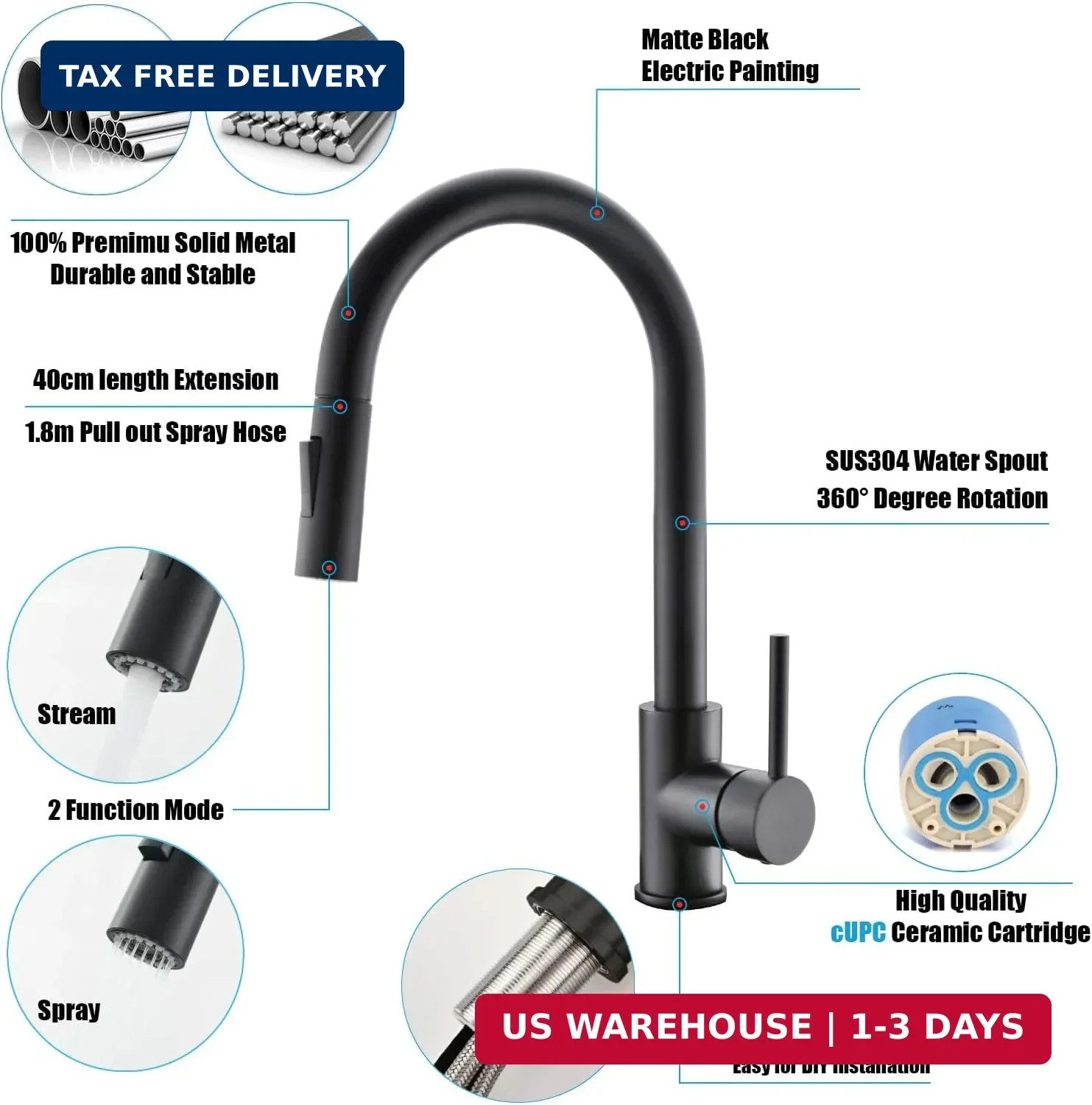 Black Kitchen Faucet with Pull Down Sprayer, High Arc Stainless Steel Mate