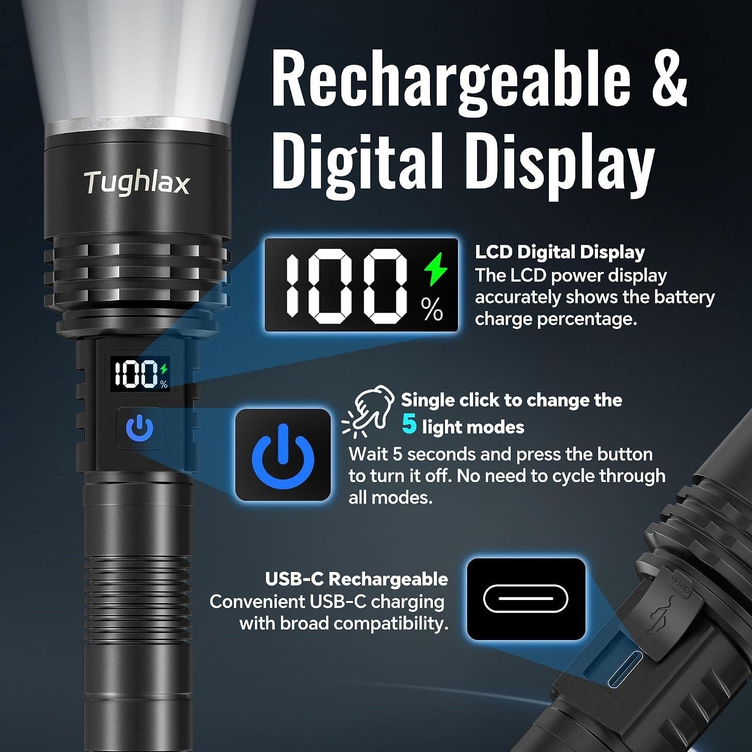 High Lumens Rechargeable LED Flashlights 2Pack, Super Bright Zoomable Powerful