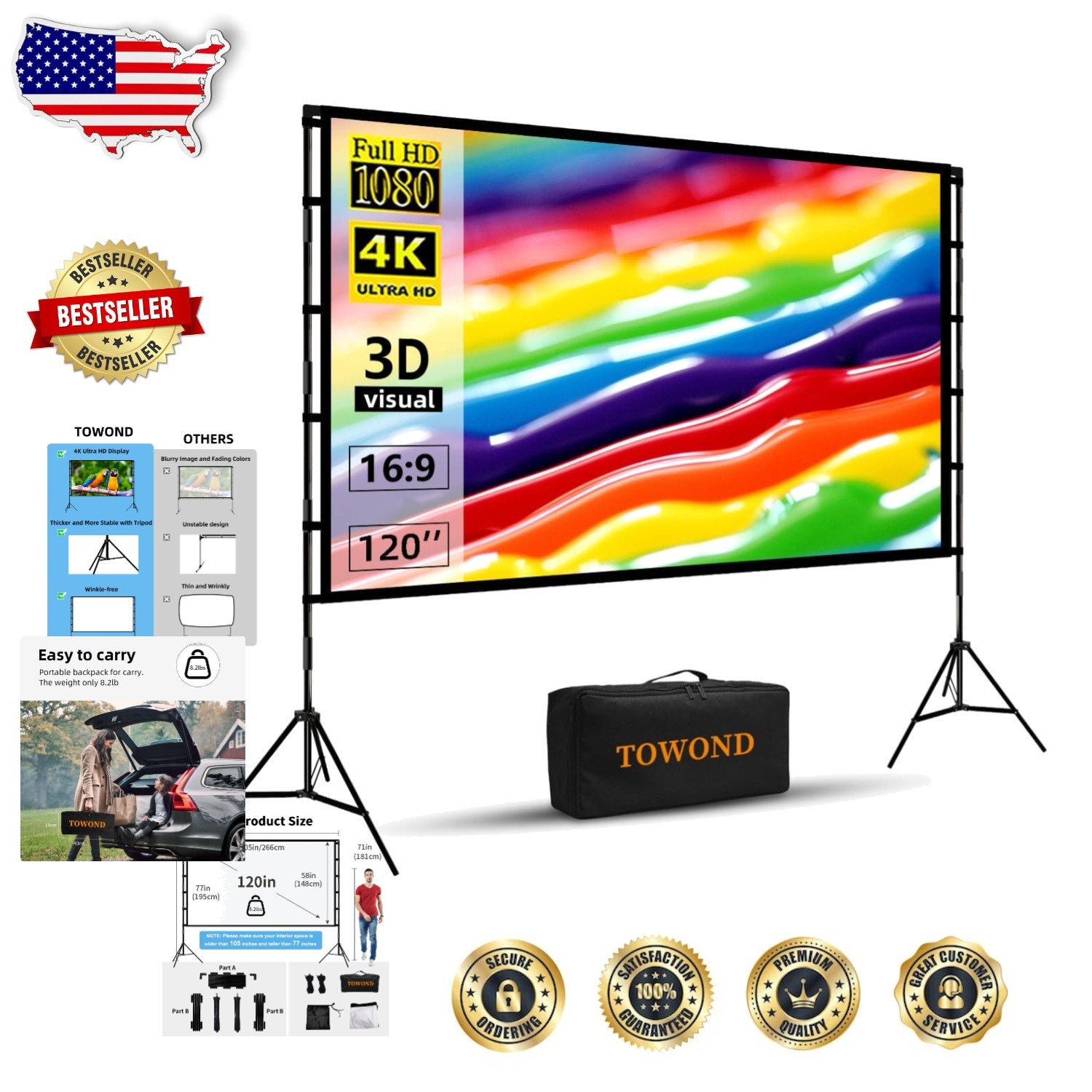 Elite 120" 4K HD Projector Screen Stand 16:9 Anti-Crease Outdoor Portable