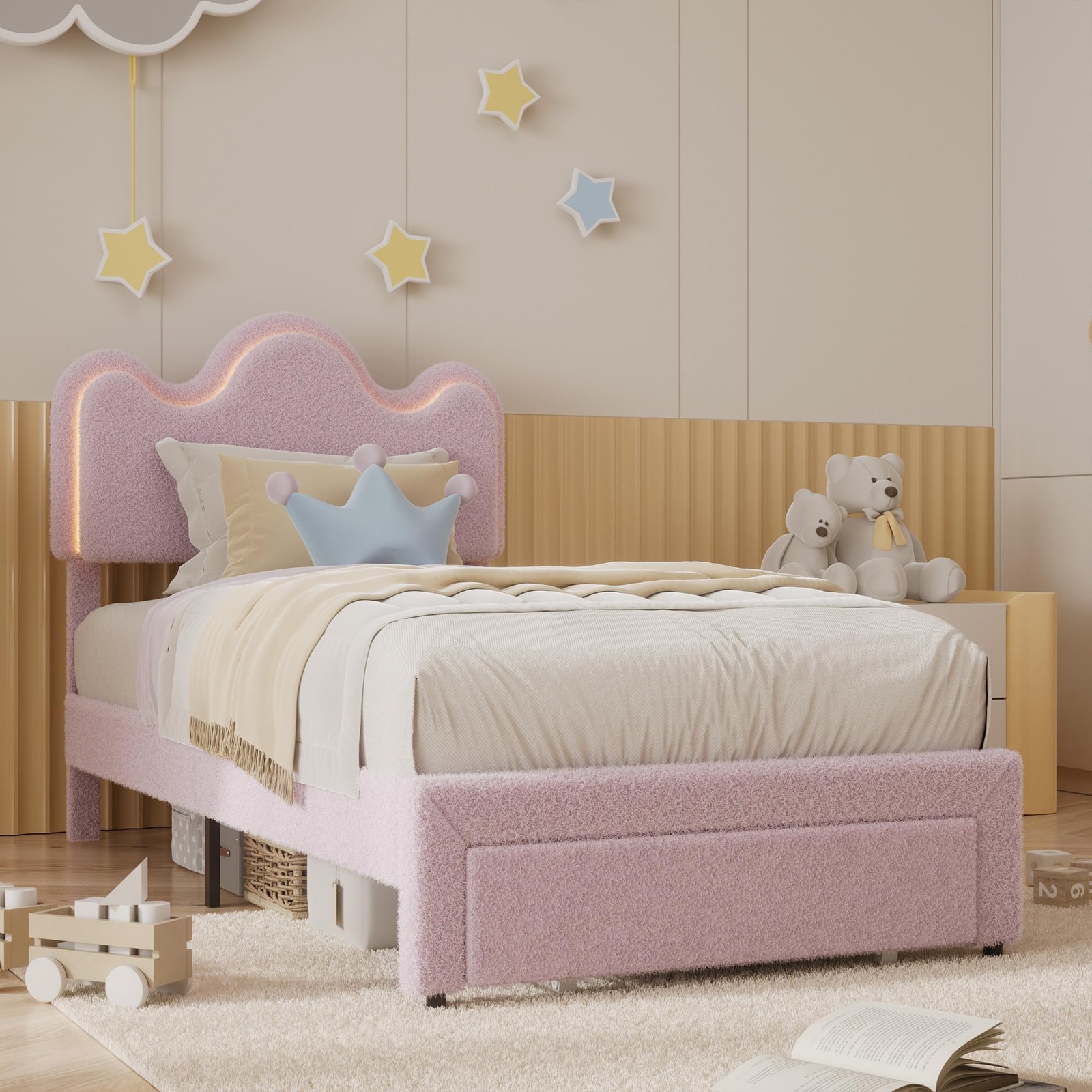 Twin Size Bed Frame with Flower Headboard Upholstered LED Platform Bed & Drawer