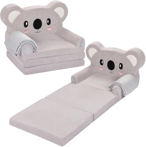 Kids Couch, 2-in-1 Soft Toddler Couch Fold Out with Blanket, Chair Comfy, Koala