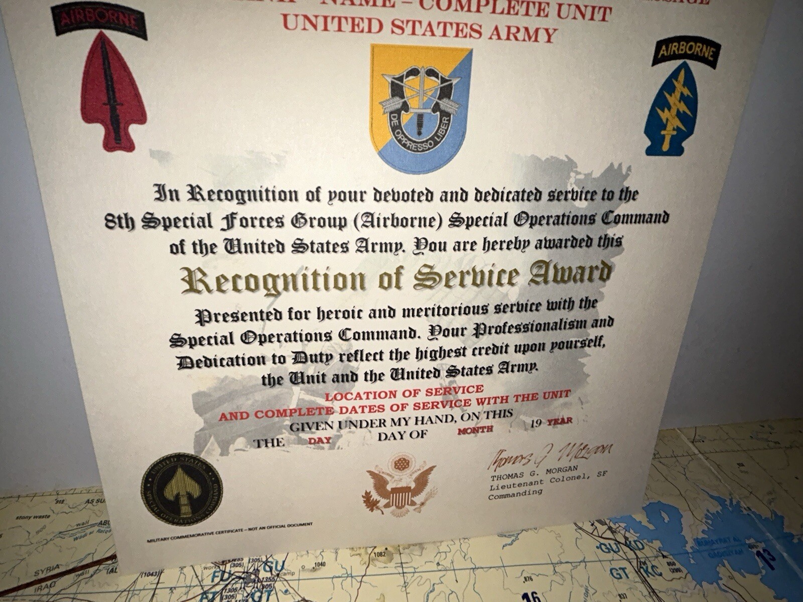 U.S. ARMY - 8TH SPECIAL FORCES GROUP (ABN) RECOGNITION OF SERVICE AWARD