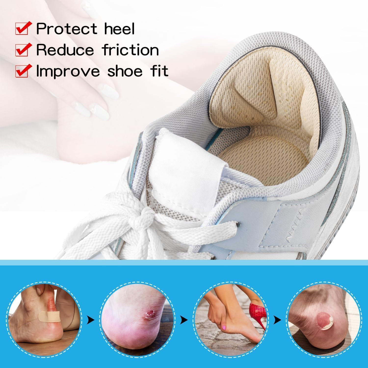 Adhesive Heel Cushion Pads, Back of Heel Grips Inserts for Too Big Loose Shoes,