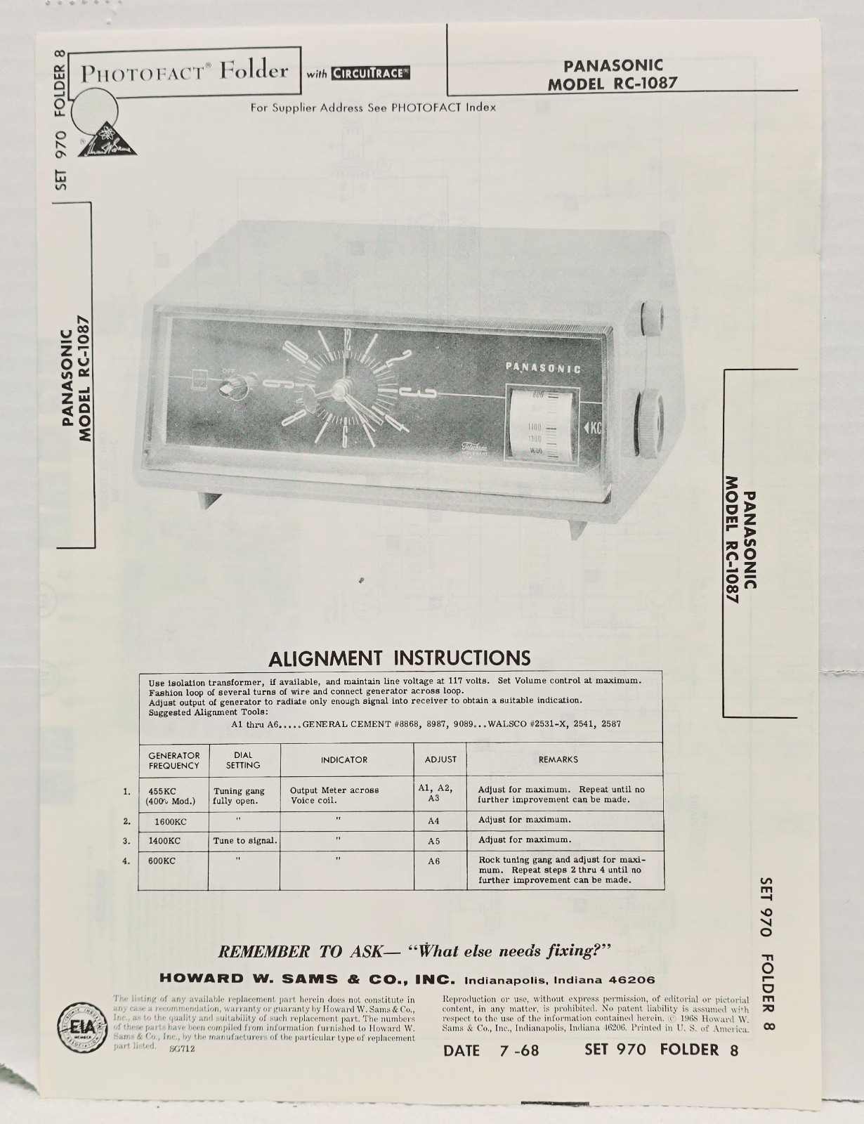 Panasonic RC-1087 Alarm Radio Sams Photofact Schematics & More