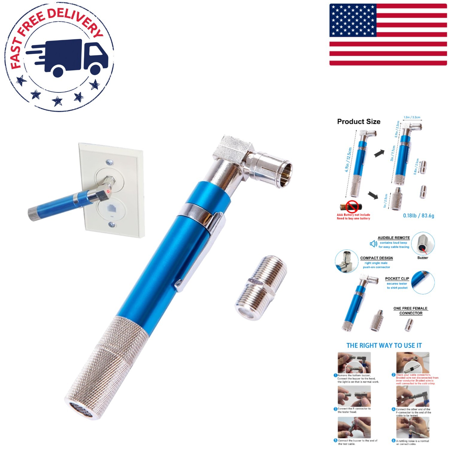 Versatile Coaxial Tone Tester with Right-Angle Barrel Connector - Ideal for RVs
