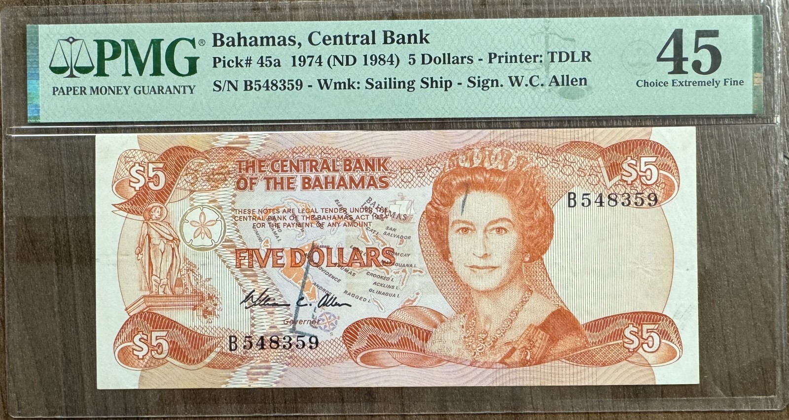 Bahamas 5 Dollars 1974 (1984) BANKNOTE Pick#45a B548359 XF45 PMG
