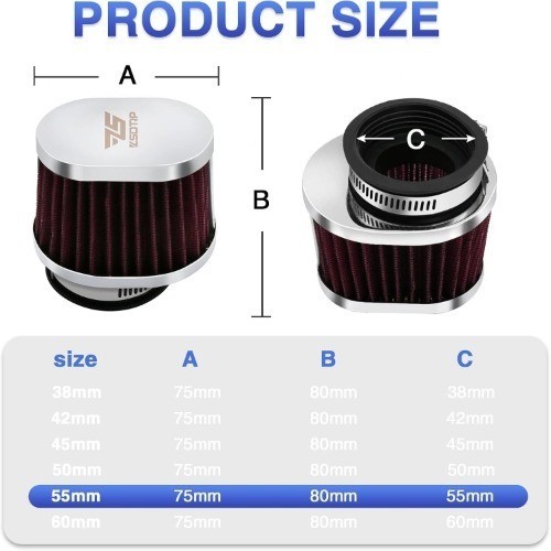 2PCS Motorcycle Air Filter Universal 55MM Replacement Engine F Size: 2PCS-55MM