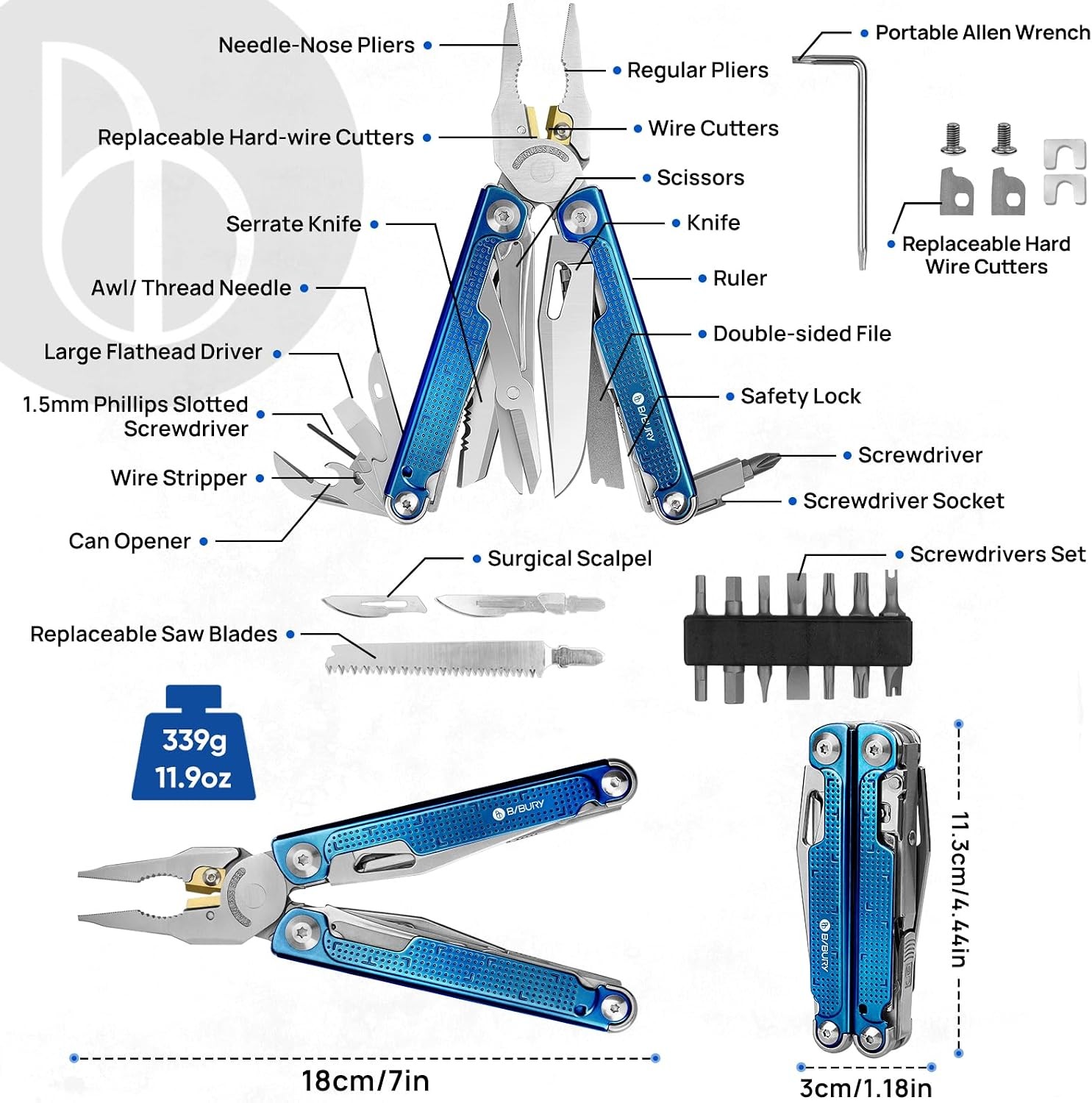 Multitool Pliers BI2049BL with Blue Titanium Handle, EDC Multi Tool
