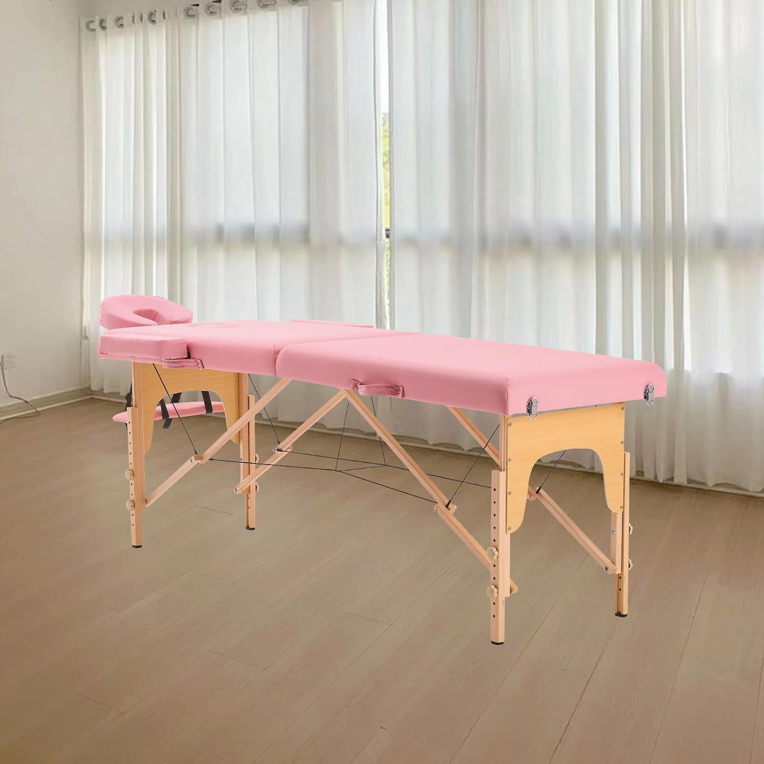 Portable Adjustable Massage Table with Accessories - Pink Wooden Frame