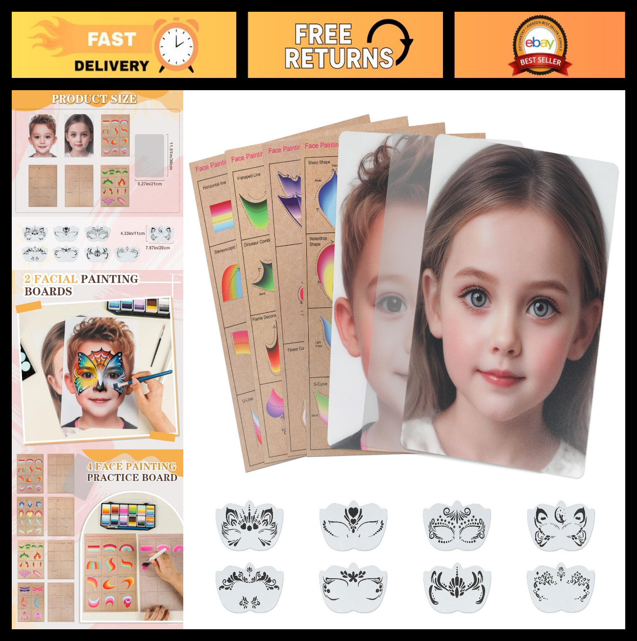 15 Pcs Reusable Face Paint Practice Board Set with Colorful Stencils A4 Size