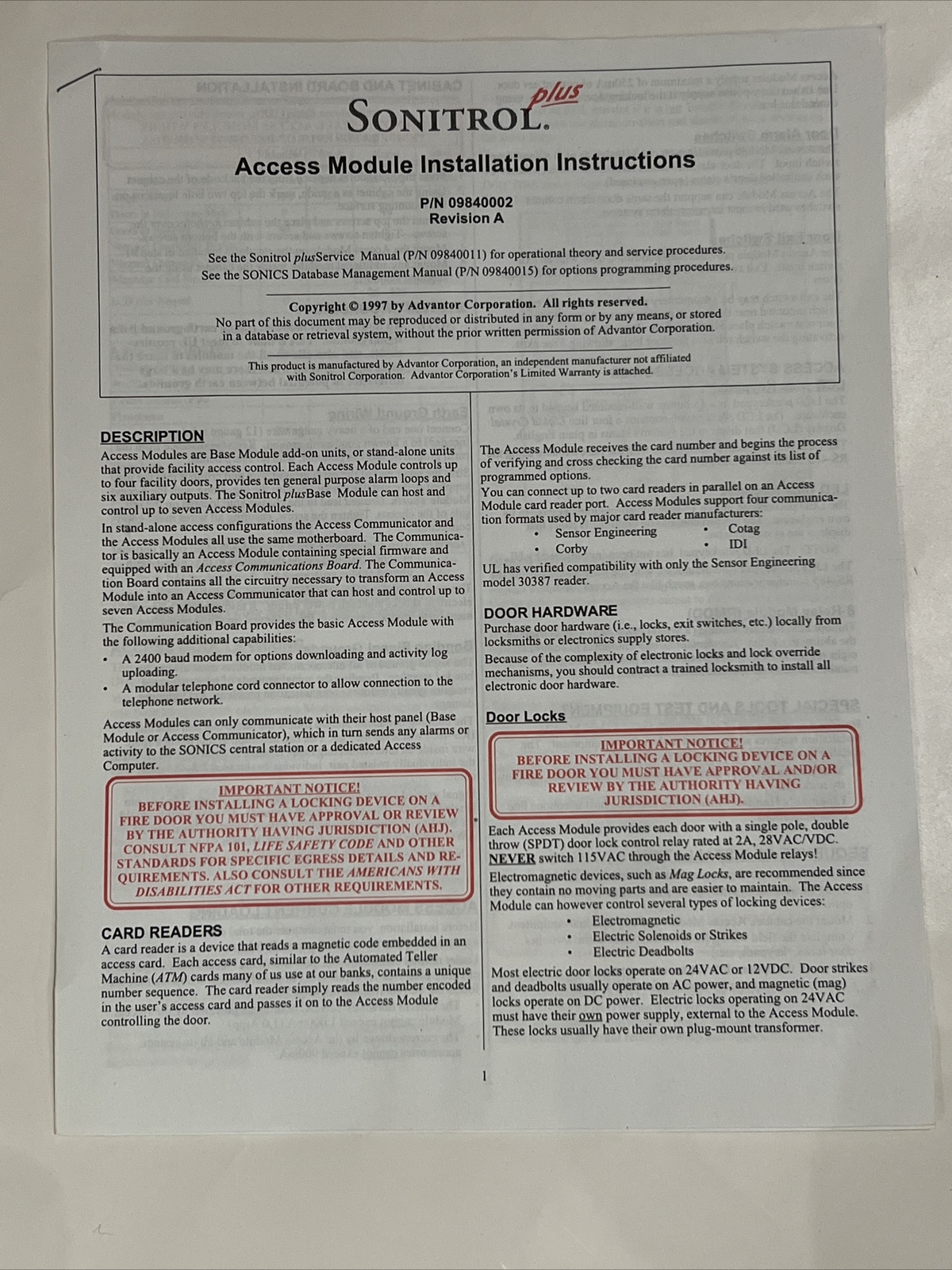 Sonitrol Plus Access Module P/N 09840002 Revision A Access4-S