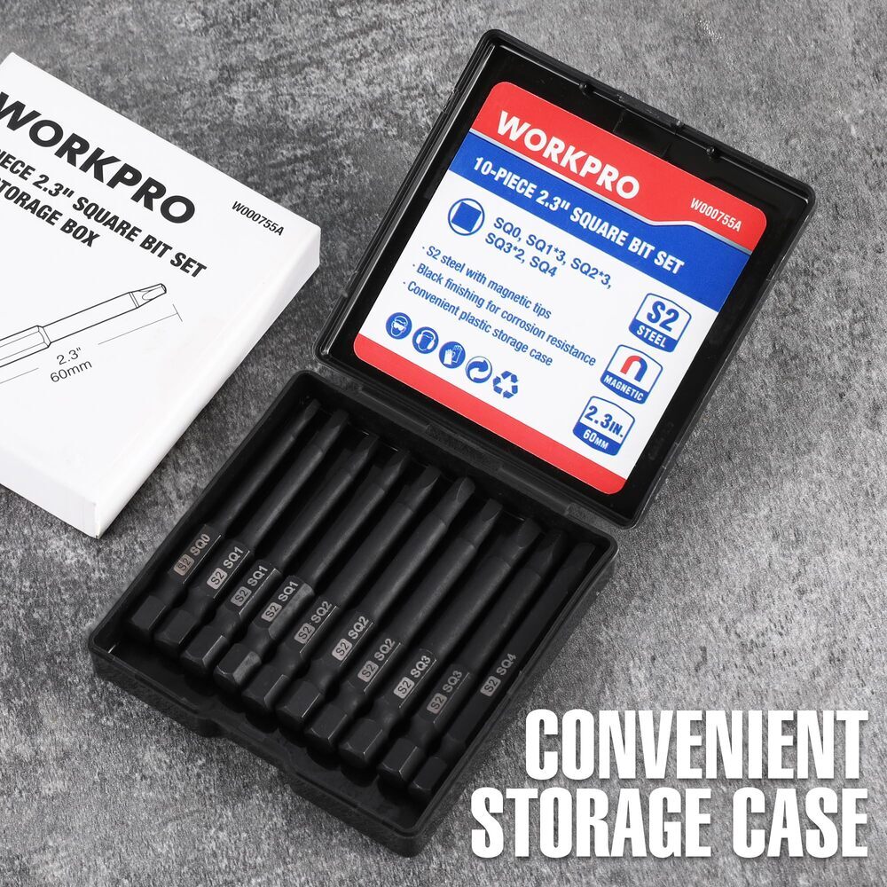 WORKPRO 10 PIECE Magnetic Square Bit Set 1/4 Inch Hex Shank Screwdriver Bits Set
