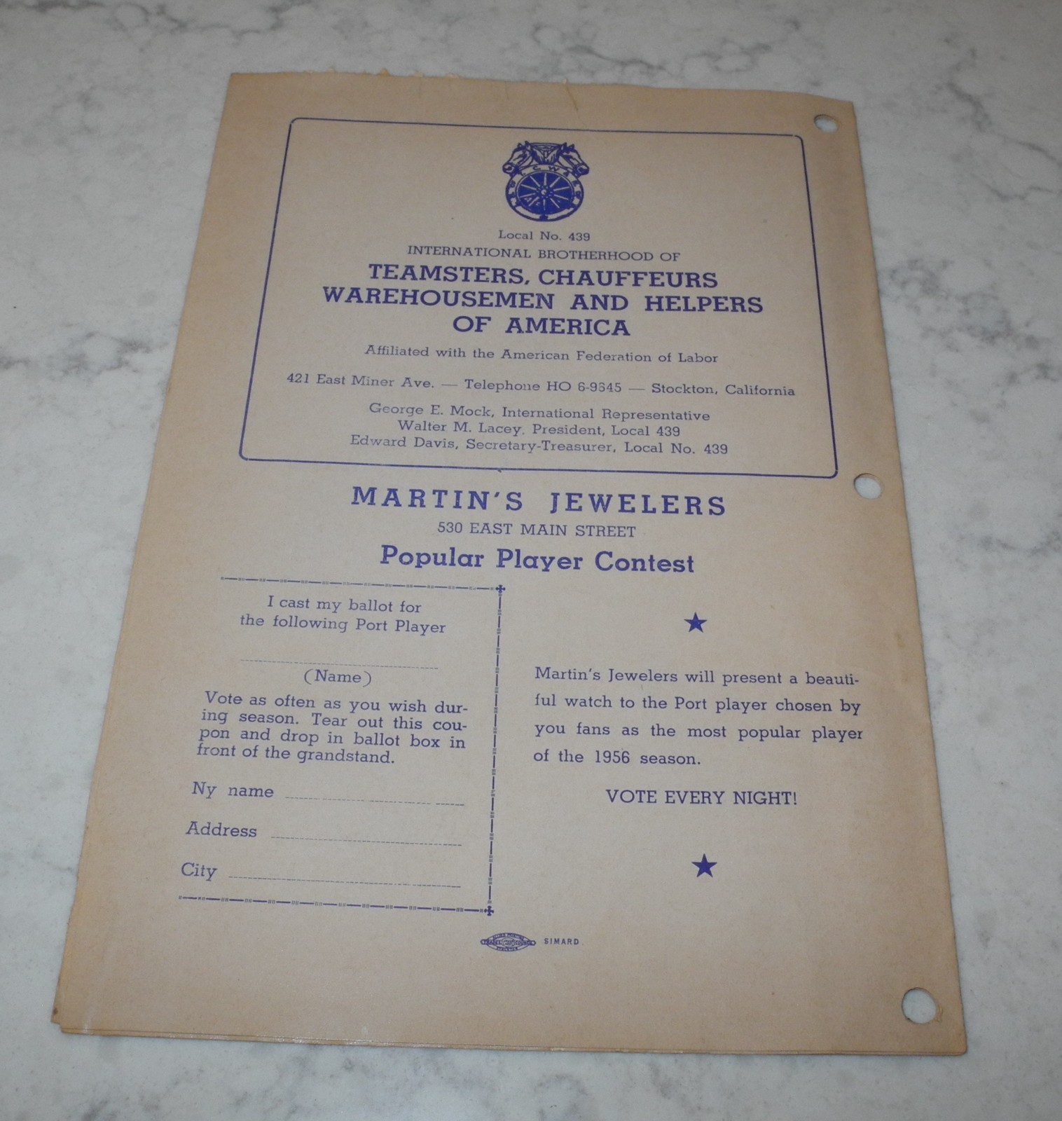 1957 Stockton Ports California Minor League Baseball Scorecard Program Unscored