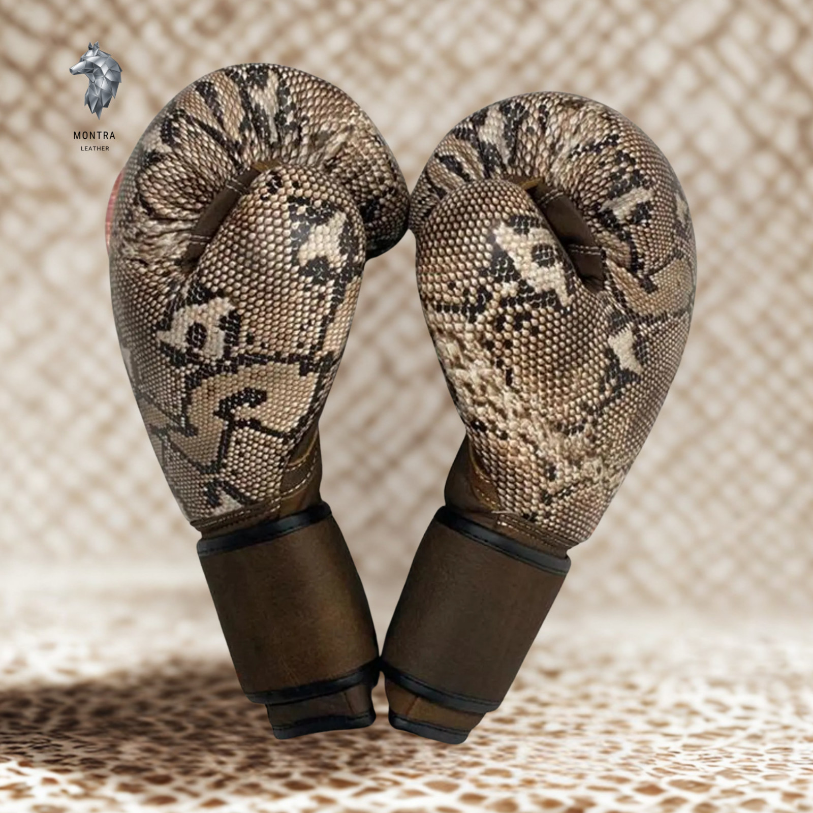 Handmade Python Print Boxing Gloves Genuine Leather MMA Muay Thai Sparring