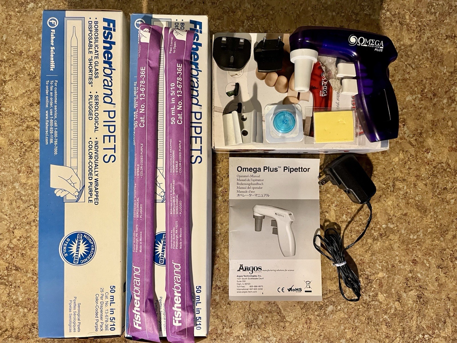 OMEGA PIPETTOR PLUS WITH EXTRAS AND 45 FISHERBRAND PIPETS BUNDLE