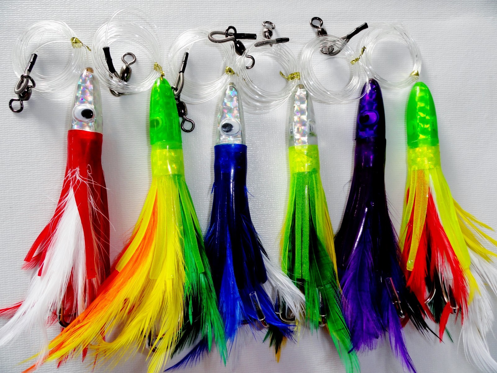 6" Rigged Tuna Feathers 6 Pieces Trolling Fishing Lures - 6 COLORS