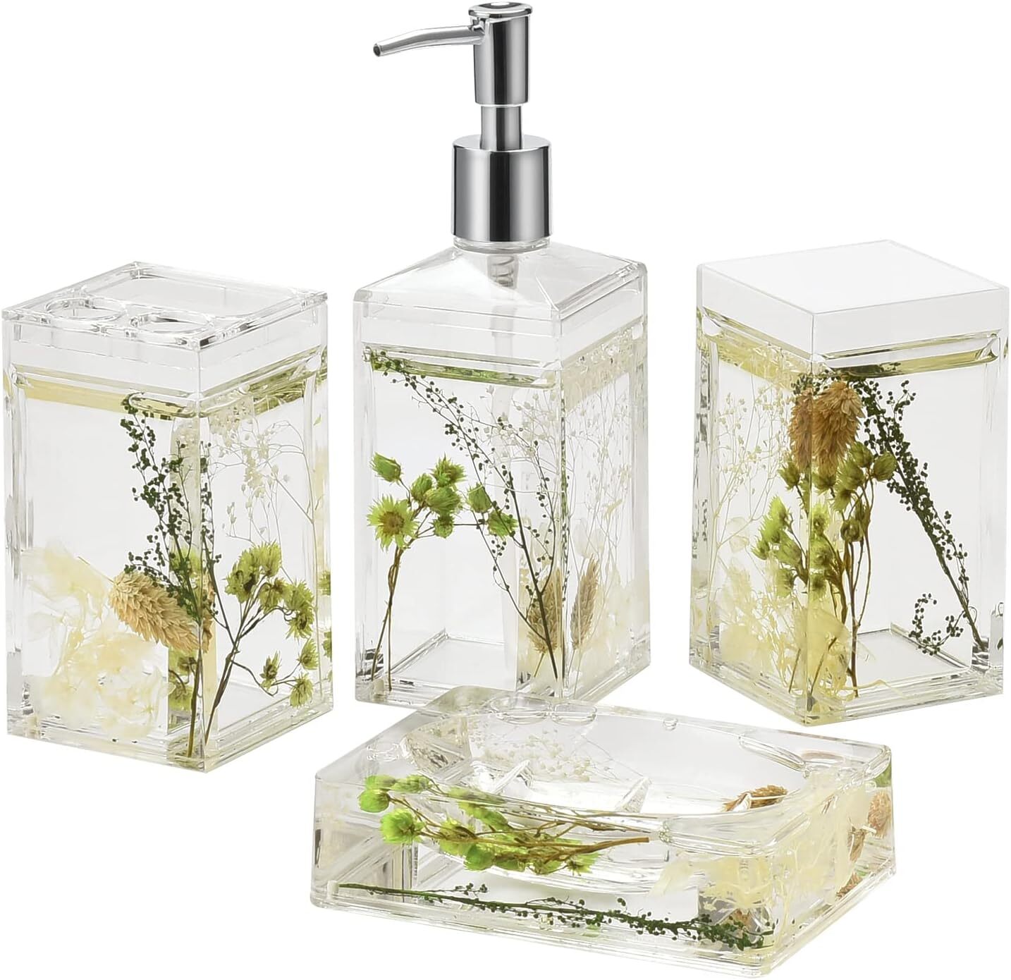 4 Piece Acrylic Liquid 3D Floating Motion Bathroom Vanity Accessory Set Greenery