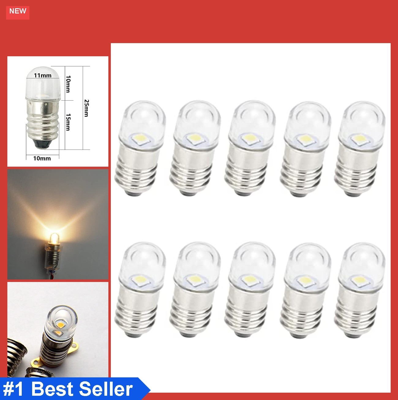 E10 LED Bulbs 12 Volt Warm White Miniature Screw Lamp 10 Pack AC DC 65 Lumen