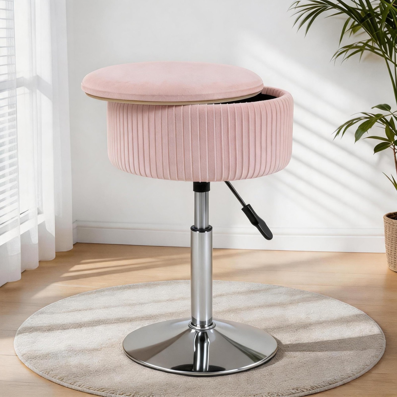 Adjustable Vanity Stool with Storage, 360° Swivel Vanity Chair, Velvet Small ...