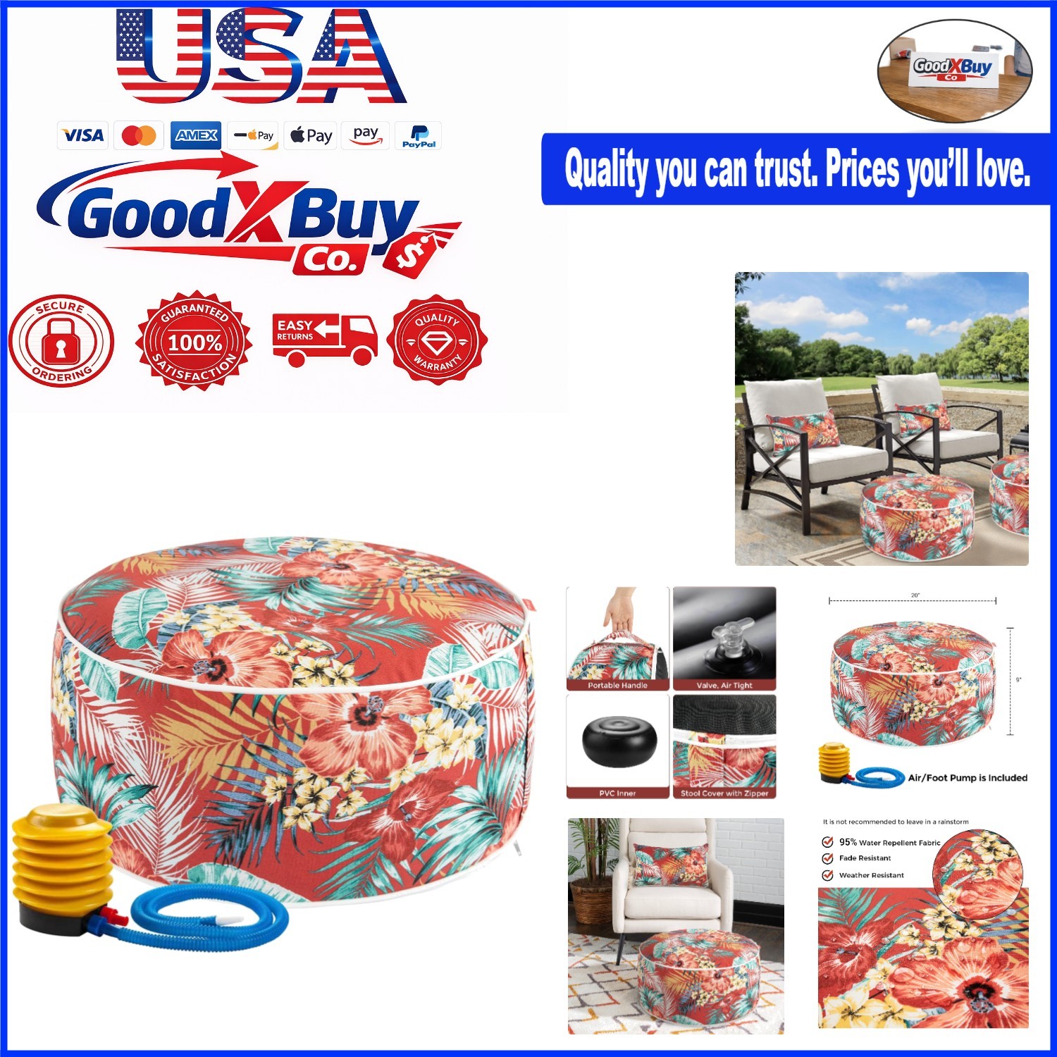 Inflatable Ottoman Pouf Outdoor Indoor Water-Resistant Foldable Footrest Chil...