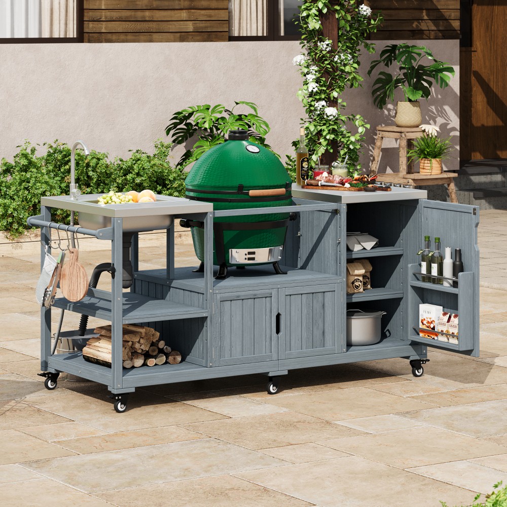 75.4" Outdoor Kitchen Island with Sink Solid Wood Outdoor Grill Cart for XLGreen