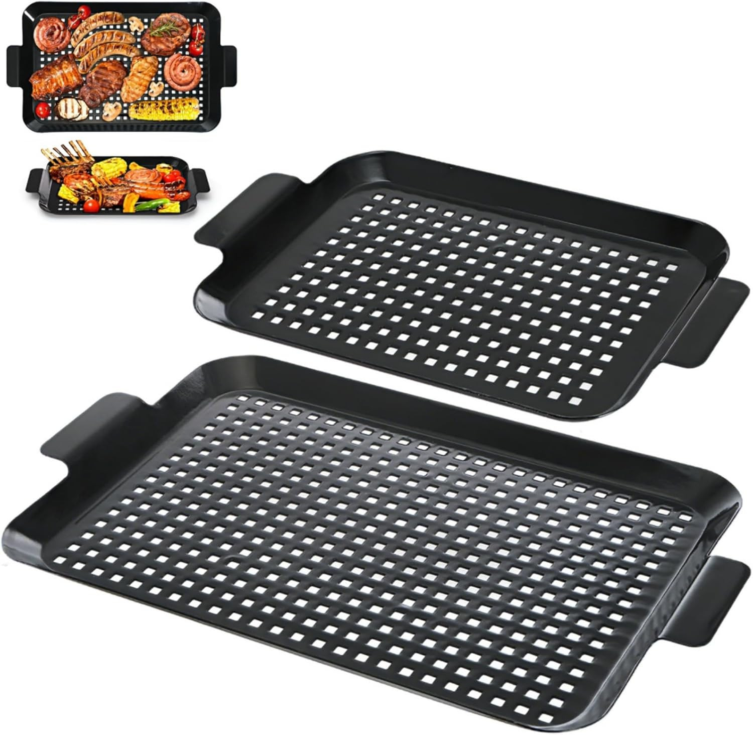 2 Pack Grill Pans, Nonstick Grill Topper for Outdoor Grill, BBQ Grilling Baskets