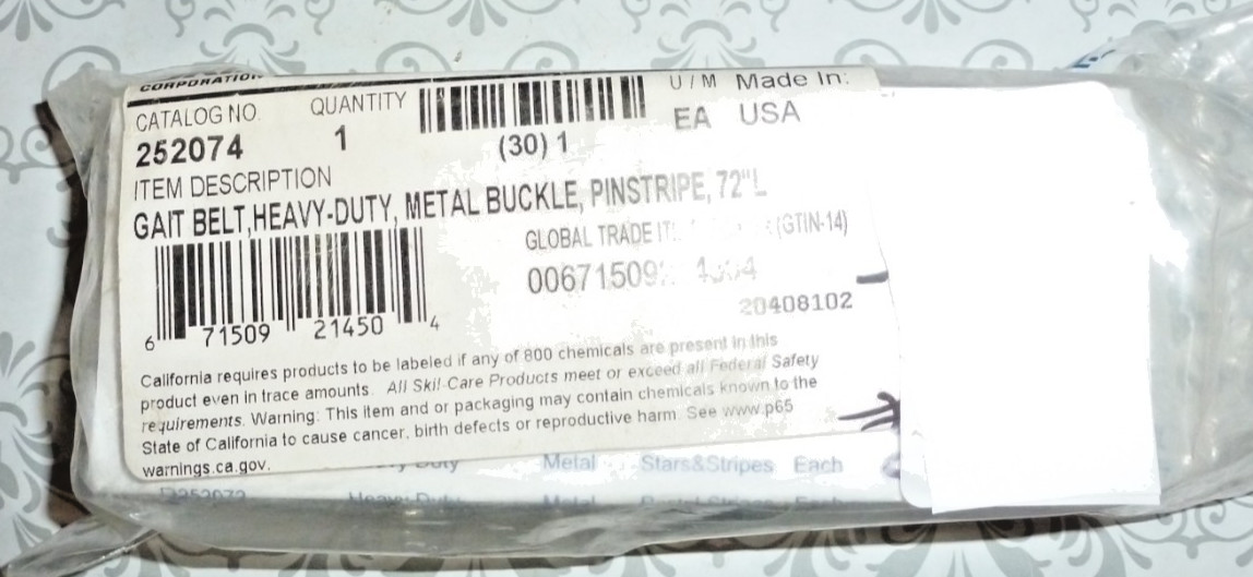 SKIL CARE GAIT BELT HEAVY DUTY METAL BUCKLE 72" WHITE WITH STRIPES #