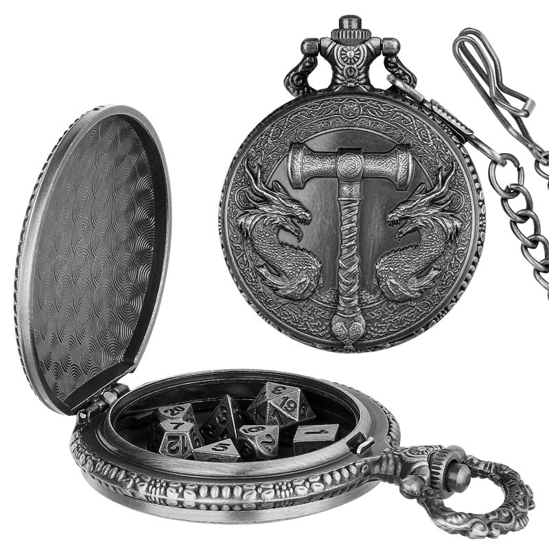 7pcs Mini Solid Metal Polyhedral Dice Set for RPG in Dragon Pocket Watch Case
