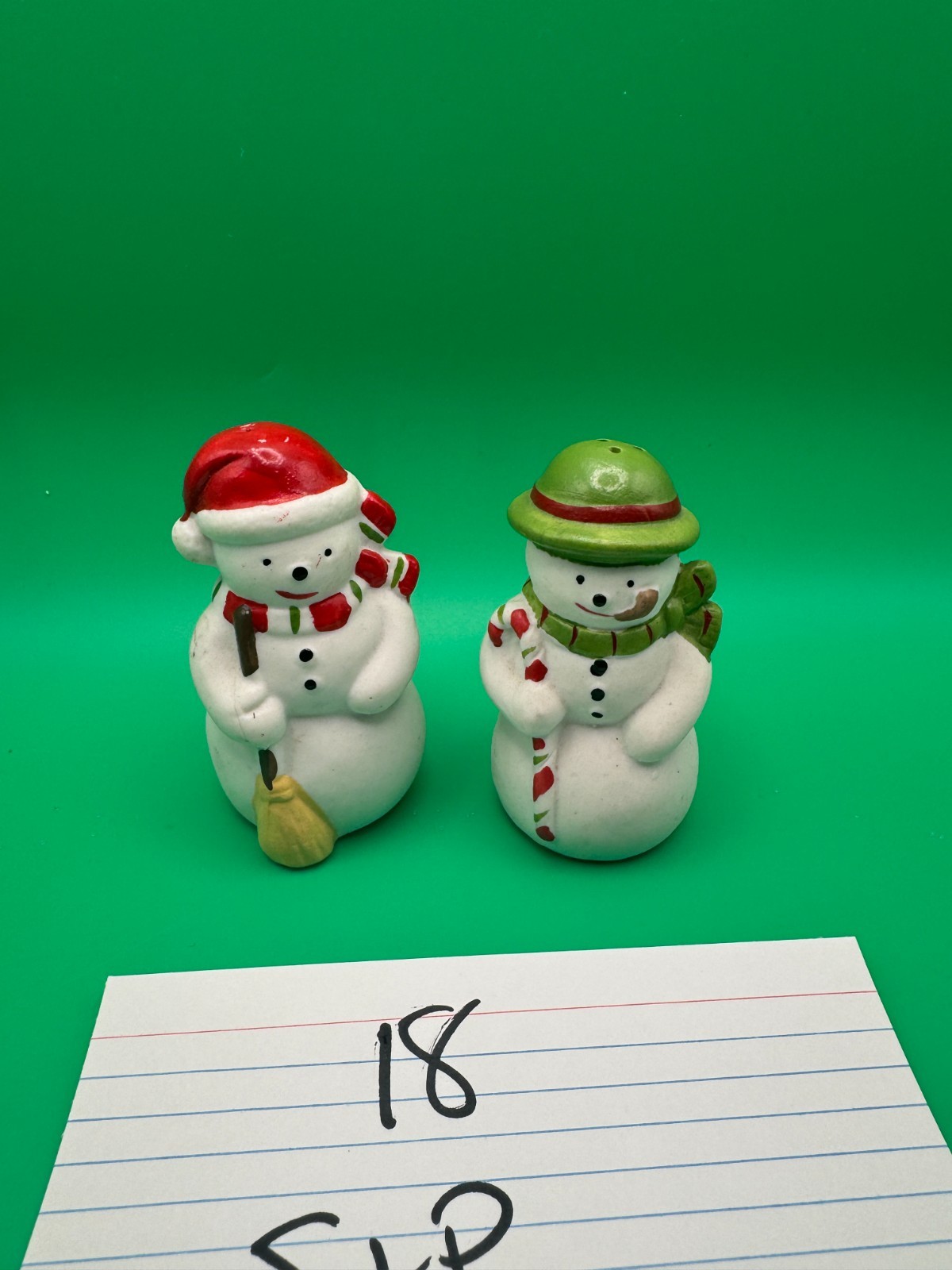 Ceramic Holiday Christmas Salt & Pepper Shaker - Snowmen w Green & Red Hats