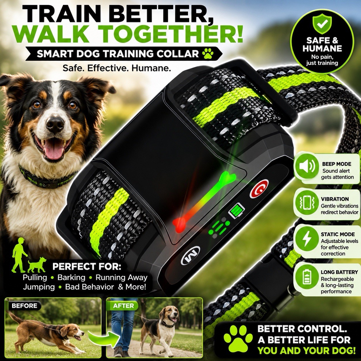Smart Bark Control Collar Rechargeable Beep Vibration Static/Shock for S/M/L
