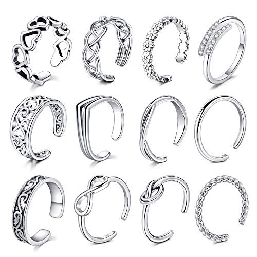 12Pcs Open Toe Rings Adjustable Toe Band Ring Set Finger Foot 1#12Pcs-Silver