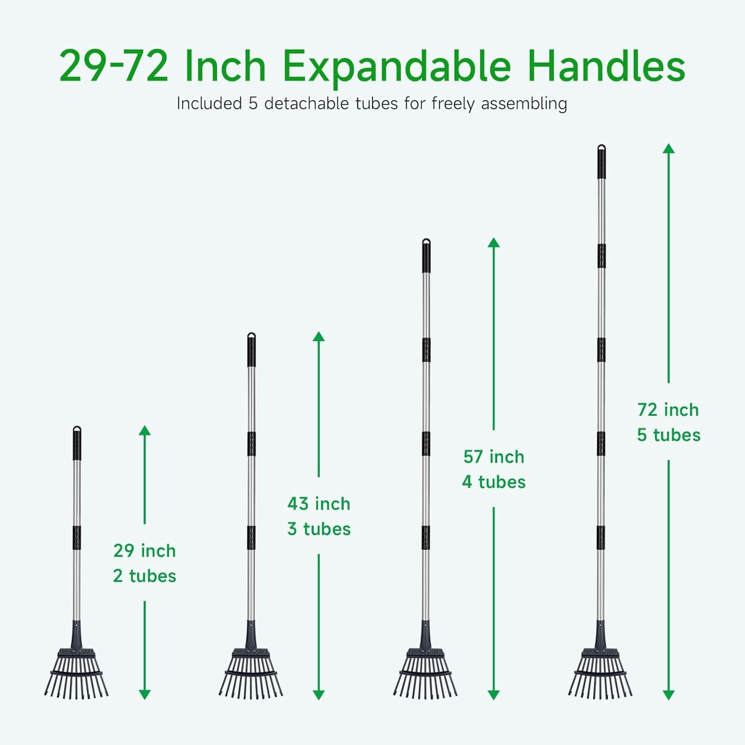 Adjustable Leaf Rake 8" Metal Garden Rake 29"-72" Extendable Handle